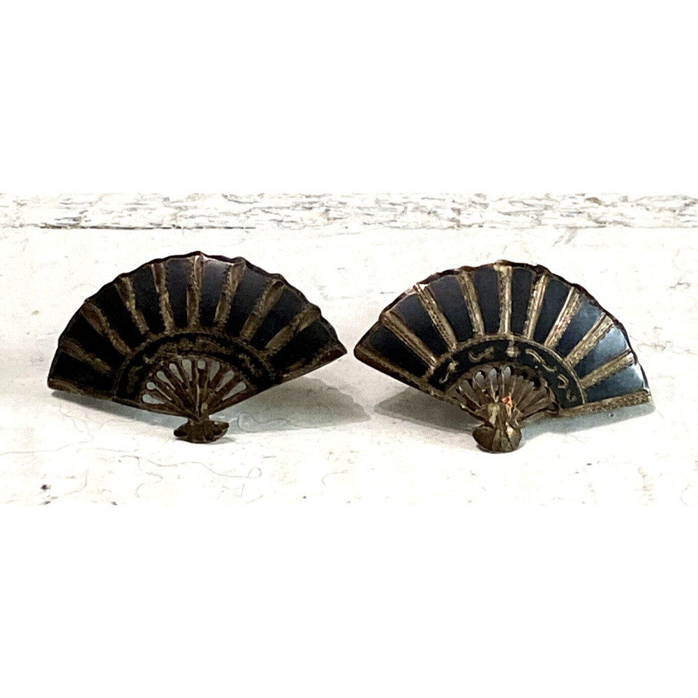 Vintage Siam Niello Sterling Silver Fans Pair Screw Back Earrings